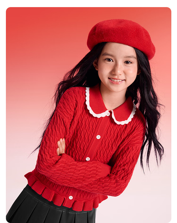 Balabala [balaOne] Girls' Red Knit Cardigan with Collar Autumn Winter New Year Outfit 5
