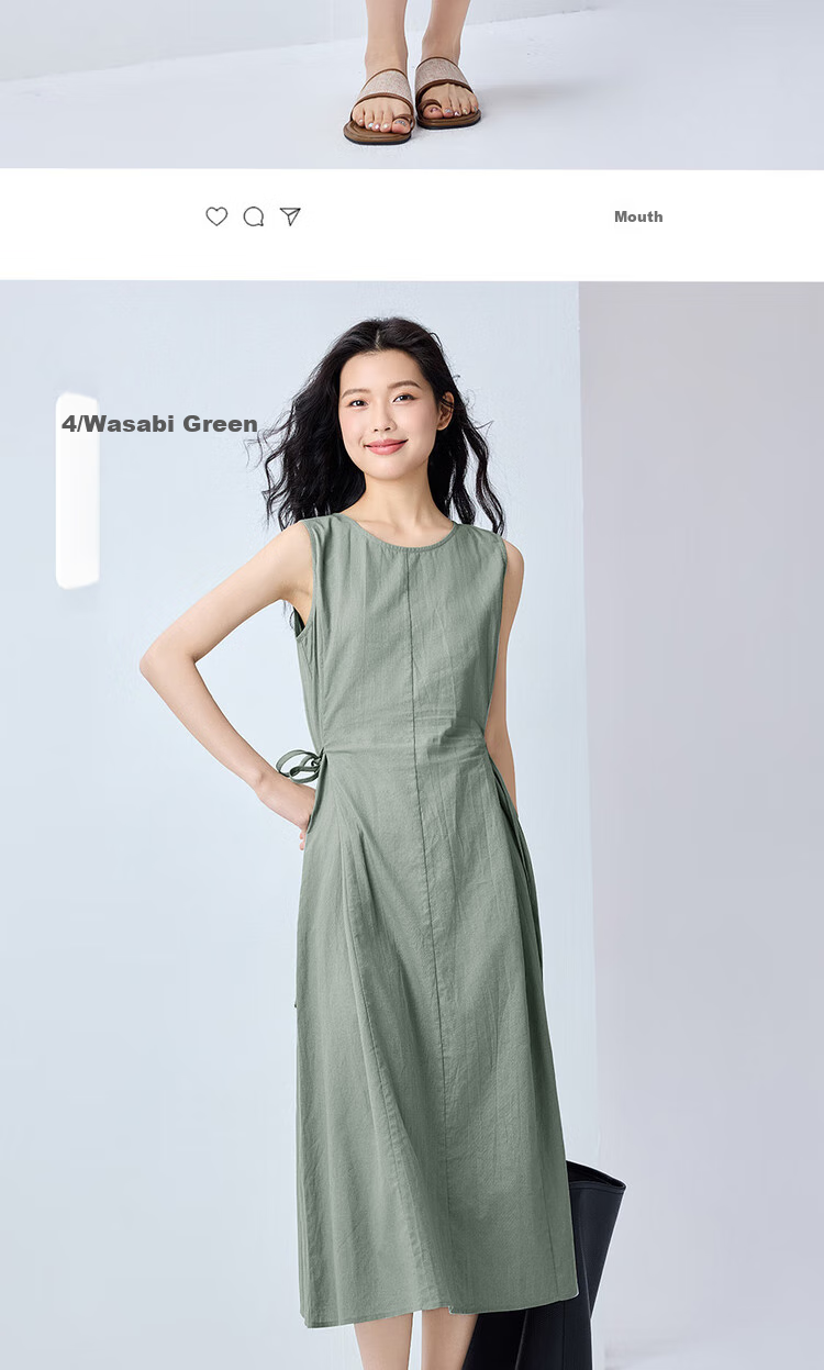 Giordano Sleeveless Dress for Women, Summer New Style Cotton Linen Tie-Waist Round Neck Dress 13465305 16