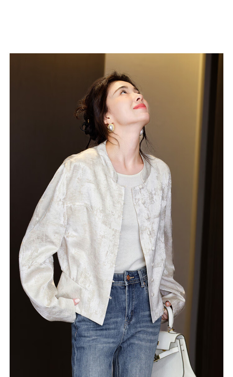 Demana [Rulan Tuyou] Spring and Autumn National Style New Chinese Stand Collar Jacquard Button Pleated Short Jacket for Women 5