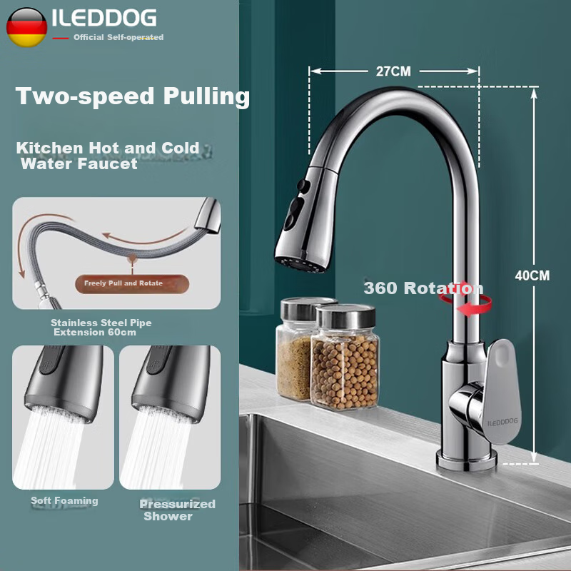 ILeddog [Germany] Kitchen Faucet, Thickened Stainless Steel, Pull-Out And Extendable, Sink Sprayer, Anti-Splash Hot And Cold Tap CPCL