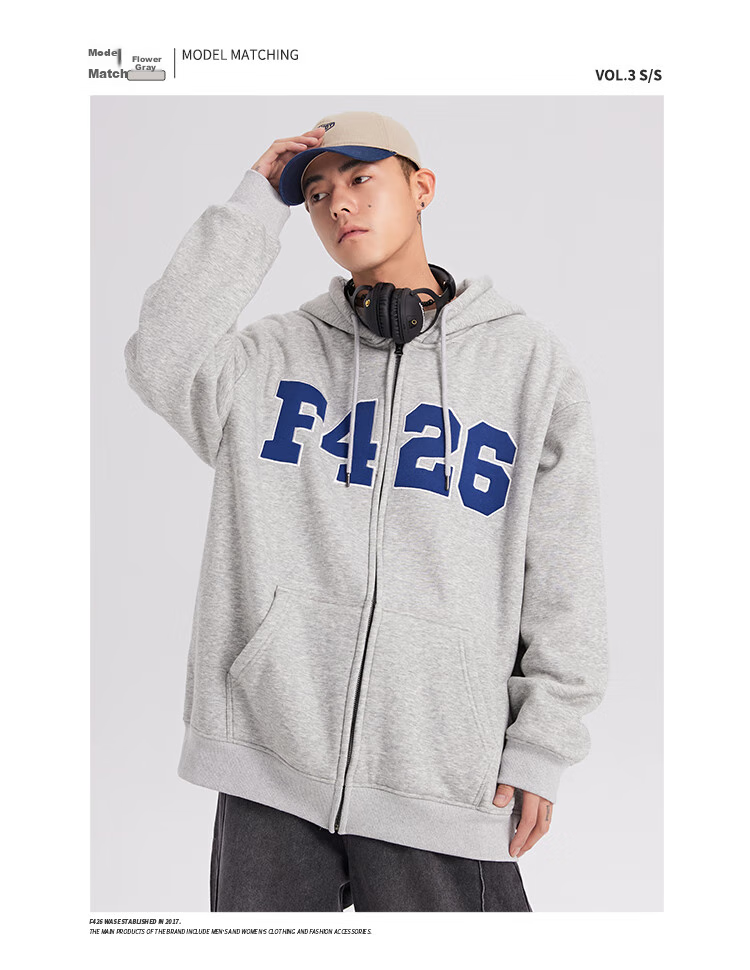 F426 Self-Operated Store National Trend Autumn Loose Versatile Couple Style Patchwork Embroidery Large LOGO Cardigan Sweatshirt Jacket, Floral Gray, Size S 15