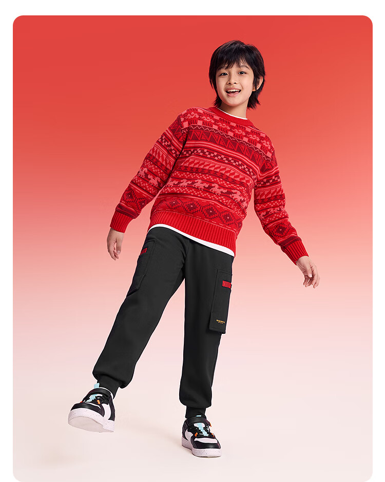 Balabala Kids Red Sweater Boys Girls Crew Neck Fair Isle Knit New Year Greeting Pullover 2