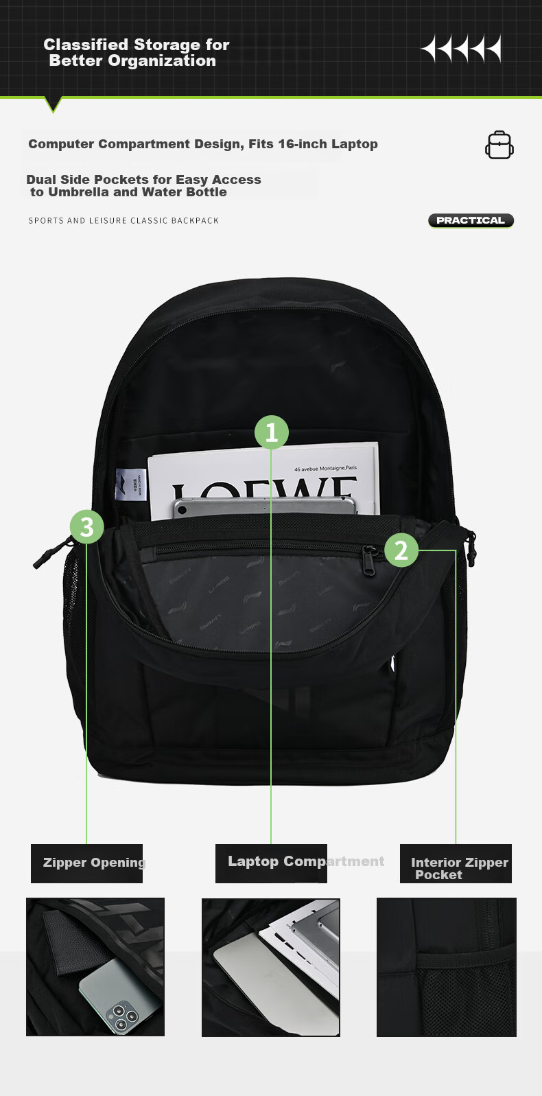Li-Ning Backpack Badminton Racket Bag Multifunctional Large Capacity School Bag for Men And Women Outdoor Travel Bag Black 7
