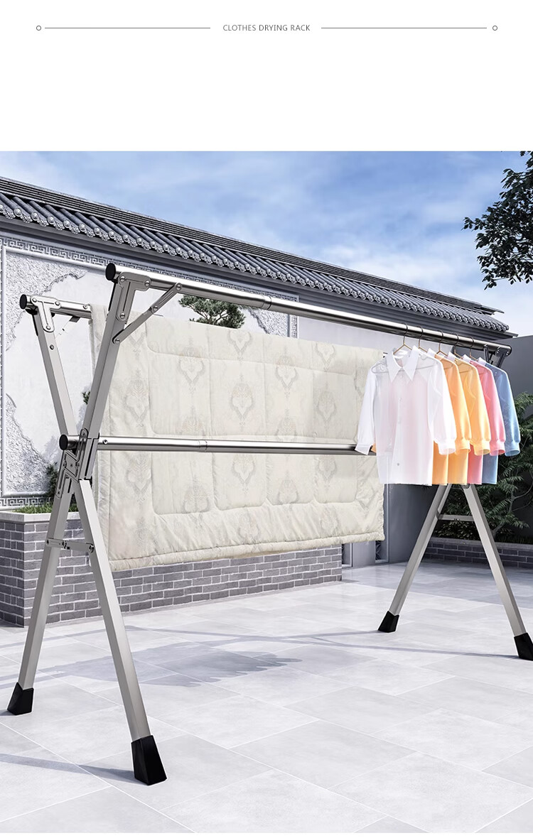 Annafu Clothes Drying Rack, No Installation Required, Foldable Floor-Standing Balcony Clothes Hanger, Extendable Quilt Drying Stand, YJ95 Three-Rod 2.4 Meters 9