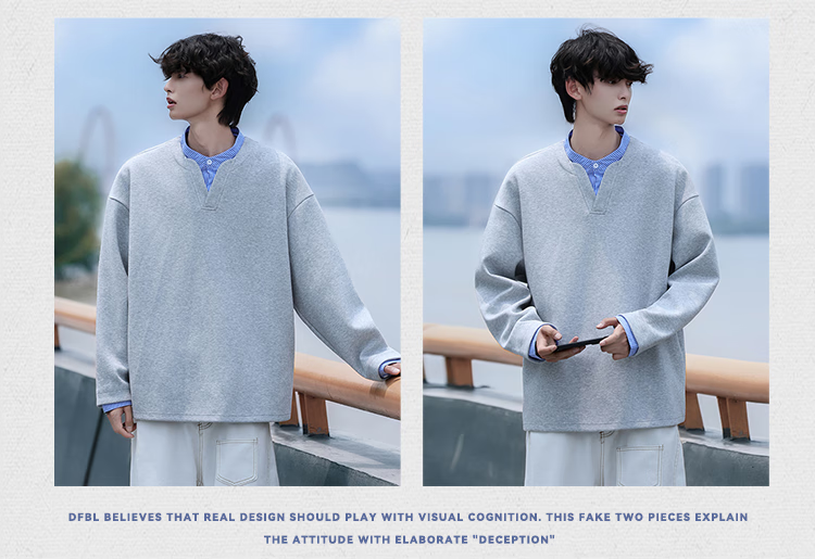 Dingfengbaoluo Men's Sweatshirt, Spring American Casual Style, Faux Two-Piece Loose Fit, Retro Shirt Collar Top, DP02 Aurora White, Size M 12