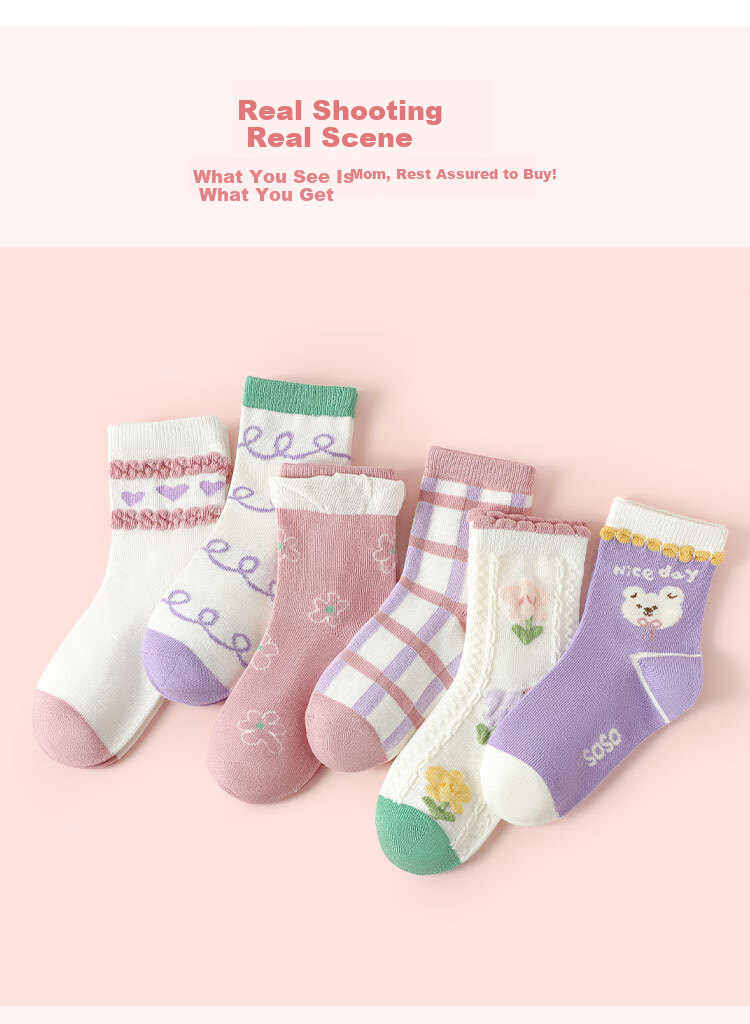 Bingxuemumian Children's Socks, Girls' Mid-Calf Cotton Socks for Spring, Autumn And Winter, 6 Pairs, Breathable, Suitable for Small to Big Kids, Versatile Lace Short Socks for Students 12