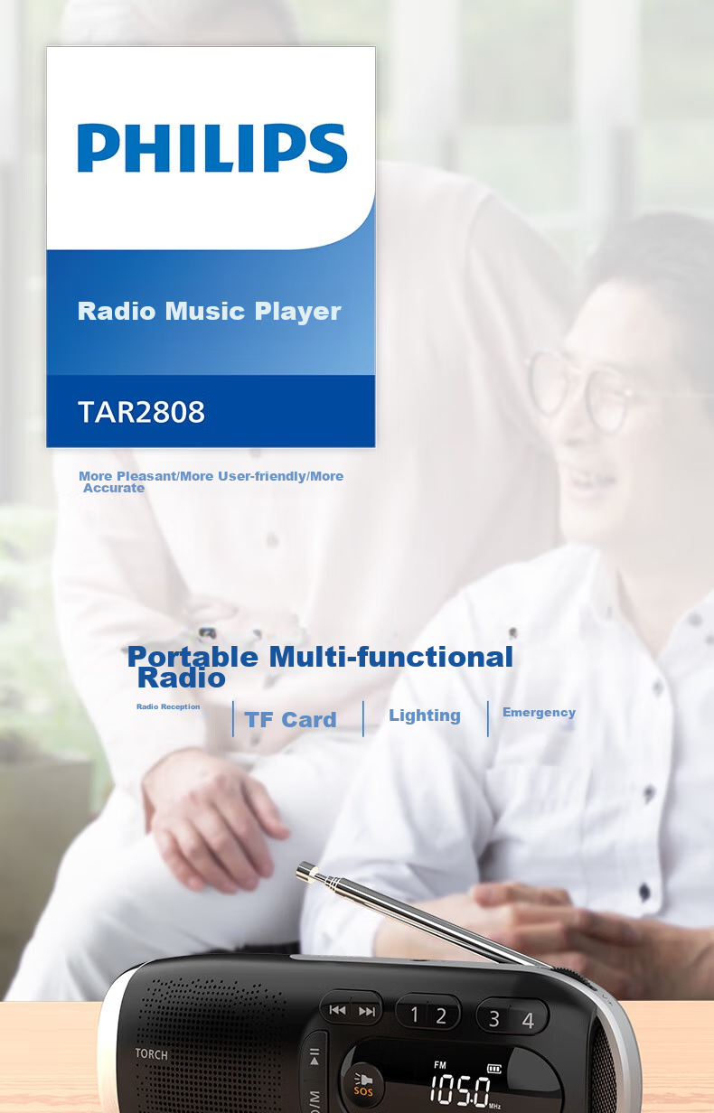 PHILIPS TAR2808 Radio for Elderly, Card-Insertable Speaker, Flashlight Lighting, Portable Rechargeable Outdoor Park Emergency Alarm Lithium Battery Multifunctional Speaker 1