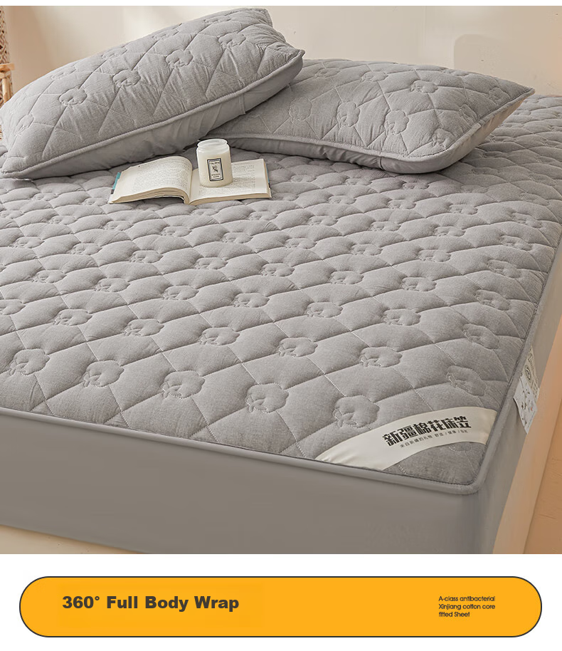 Hodo Class A Pure Cotton Antibacterial Fitted Sheet, Single Piece Thickened Bed Cover, Home Use Mattress Protector Cover, 1.8*2 Meters, Gray 3