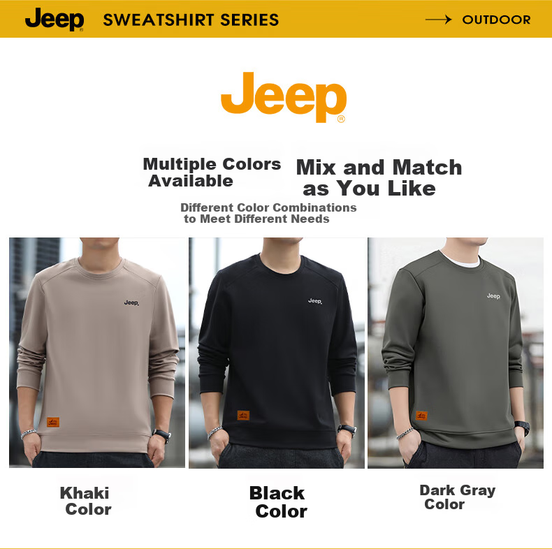 JEEP Men's Sweatshirt, Loose-Fitting Long-Sleeve T-Shirt for Autumn, Versatile Round Neck Undershirt, Casual Menswear, Black, Size L 7