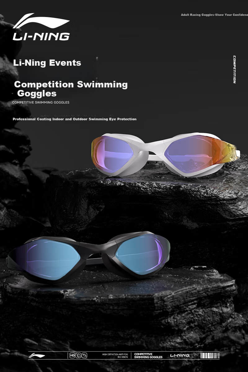 Li-Ning Swimming Goggles for Men And Women, Waterproof Coated Professional High-Speed Adjustable Medium Frame Swimming Glasses 1312 White 1