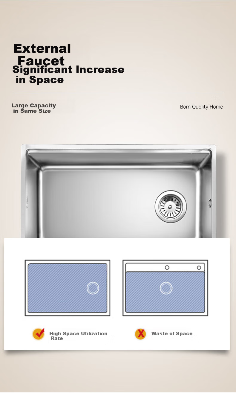 OULIN Kitchen Sink, Large Single Basin Vegetable Washing Sink, Integrated Basin, No Coating, SUS304 Stainless Steel Sink, Pull-Out Faucet, 661 2