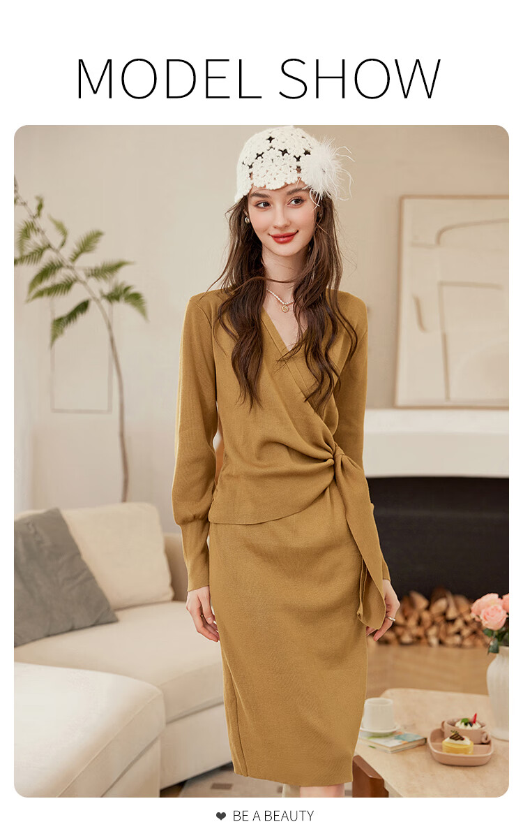 LOUISYAO Spring Autumn V-Neck Tie Design Slim Fit Slightly Stretchy Mid-Length Elegant Knit Dress Dark Coffee S 4