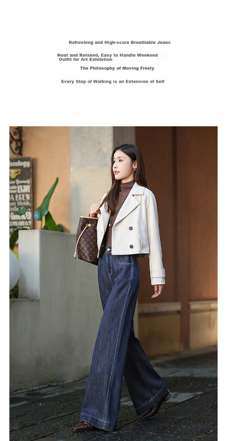 Dme [Yunyang Cotton Series] Autumn Minimalist Style Mid-Rise Contrasting Color Roll-Up Straight Wide-Leg Jeans for Petite Wome 2