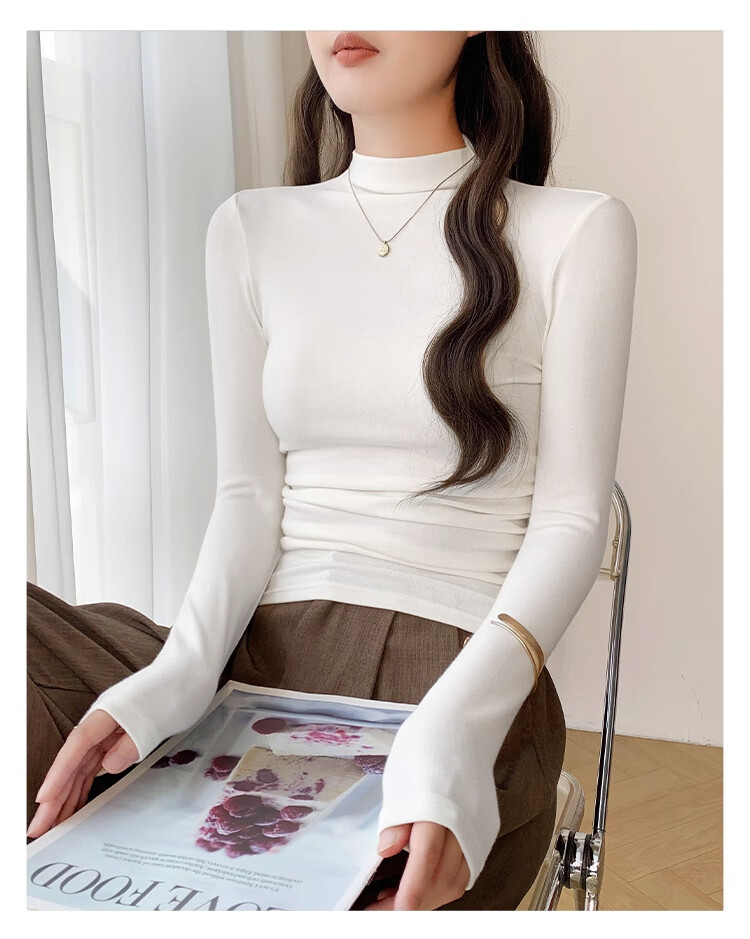 NOME Early Autumn Half Turtleneck Slim Fit Long Sleeve Basic T-Shirt Women 2025 New Solid Color Top White L 4