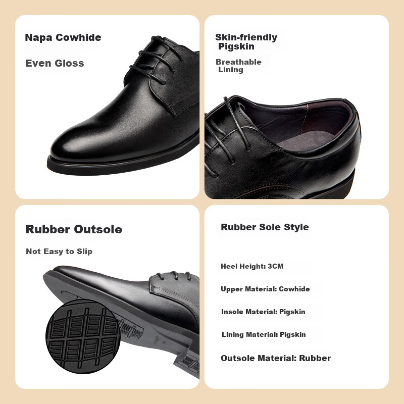 Aokang Leather Shoes for Men, British Style Lace-Up Business Formal Shoes, Men's Low-Top Shoes, Black, Size 38