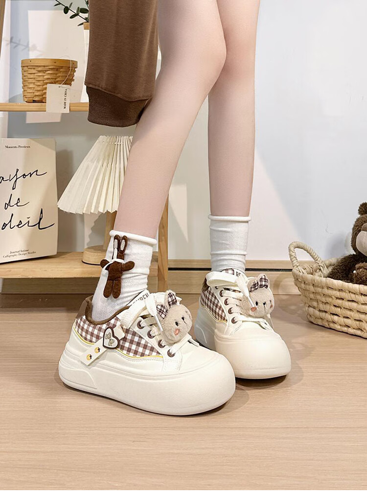 Renben Fleece-Lined Women's Cartoon White Shoes Winter New Cotton Shoes Thick Sole Casual Shoes Khaki Cotton Shoes Size 39 8