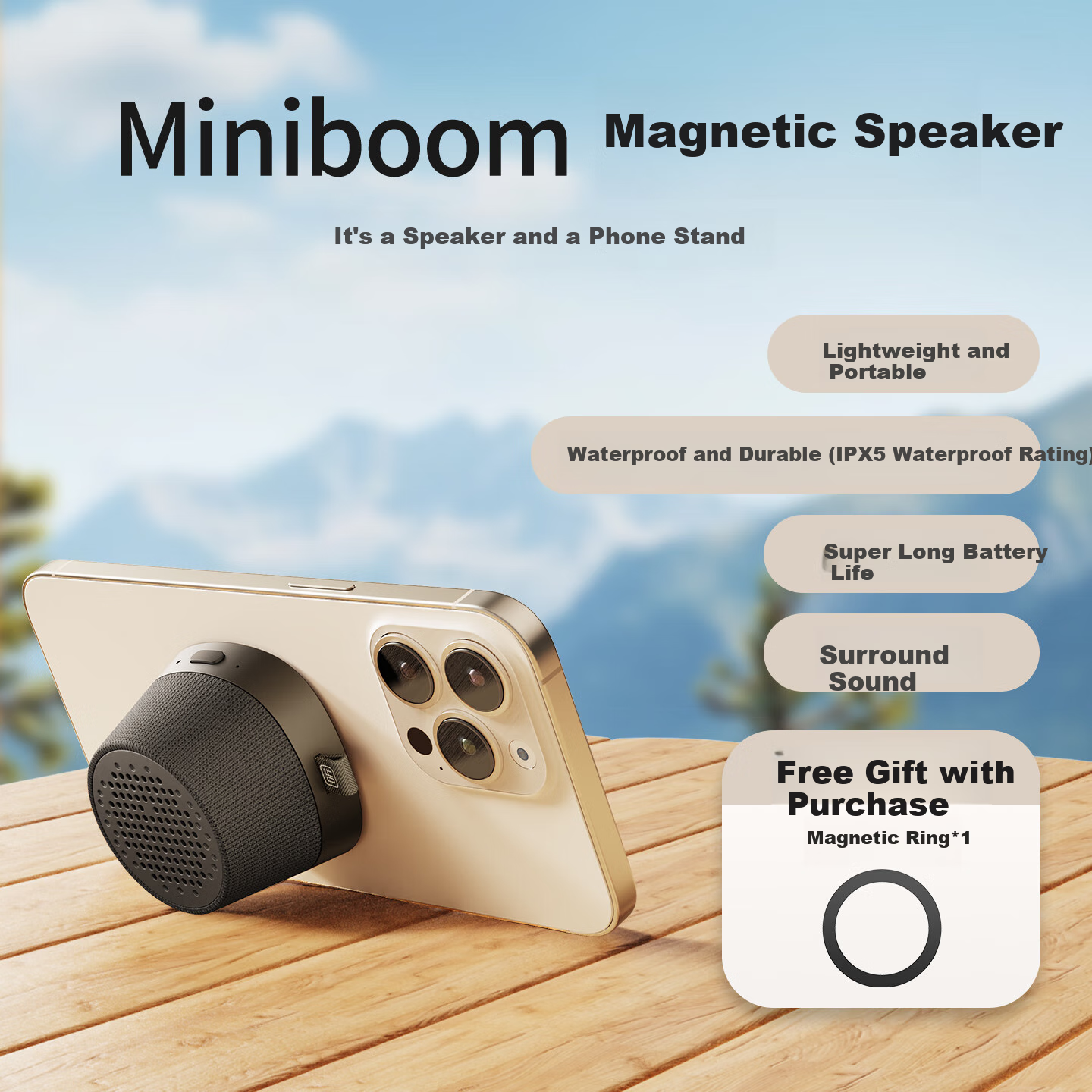 Ximalaya Heshengyin Mini Boom Magnetic Bluetooth Speaker, Compact Outdoor Portable Speaker, Splash-Resistant for Bathroom Use, Gift for Boys, Black with Free Monthly Membership Card