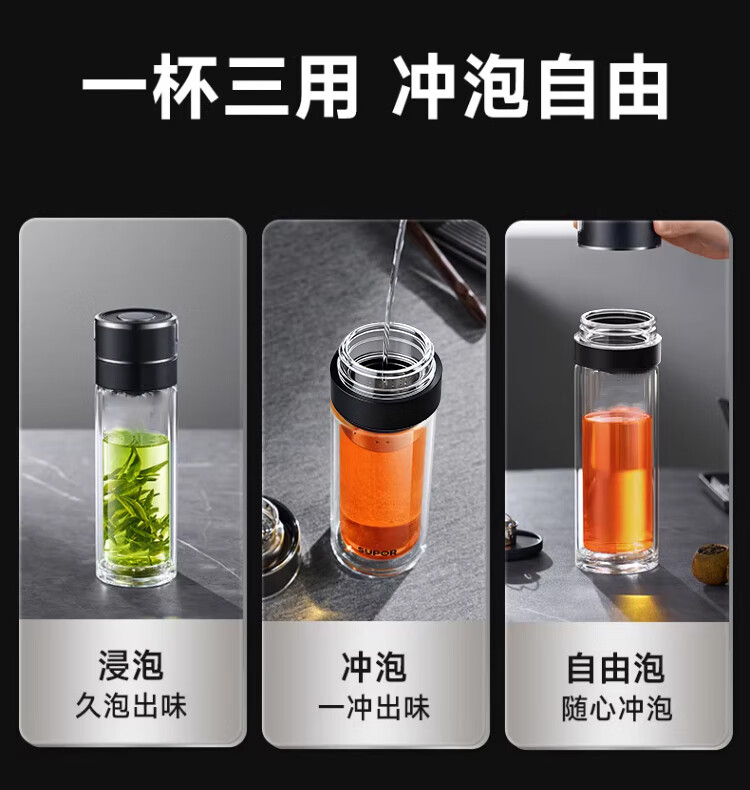 LINGCHEN Men's Tea Cup with Tea-Water Separation, Quick-Open Car Mug, One-Button Lid, High Borosilicate Glass, Heat Resistant 6