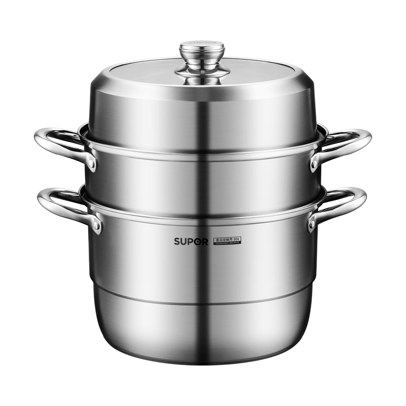SUPOR Steamer Pot, 304 Stainless Steel, Three-Layer Base, 32cm, Fish Steaming Pot, Compatible with Induction Cooker, Steamer Basket, EZ32YAS01