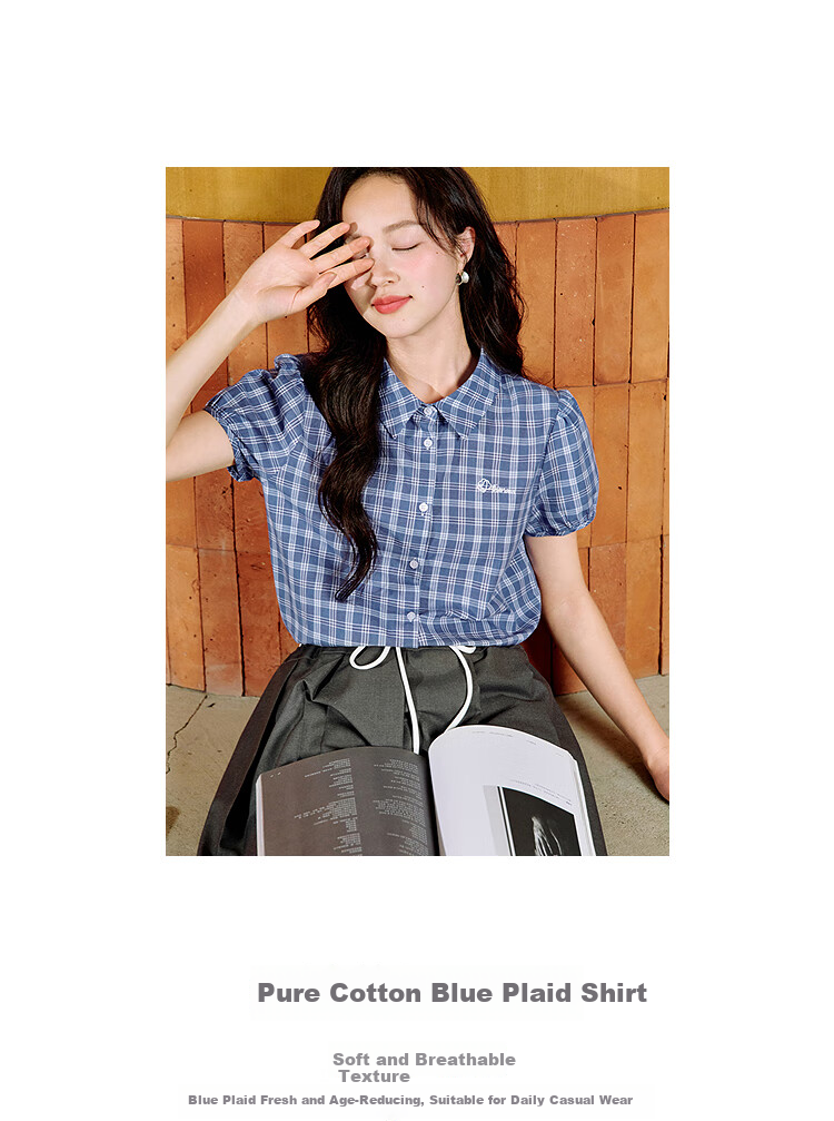 INMAN French Plaid Dress Summer Women's Versatile Puff Sleeve A-Line Skirt Navy Blue S 36