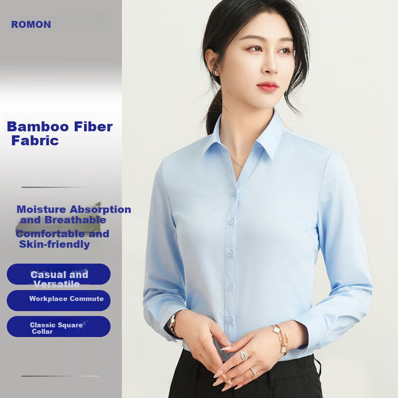ROMON [Bamboo Fiber] Long-Sleeve Shirt for Women, V-Neck Slim Fit Business Casual Professional Work Uniform White Blouse Top Women's Clothing