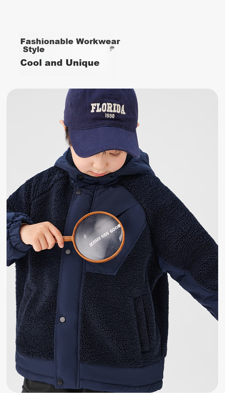 Zuoxi Boys' Lambswool Jacket, 2025 New Style Hooded Padded Children's Autumn And Winter Coat, Navy Blue, Size 150 2