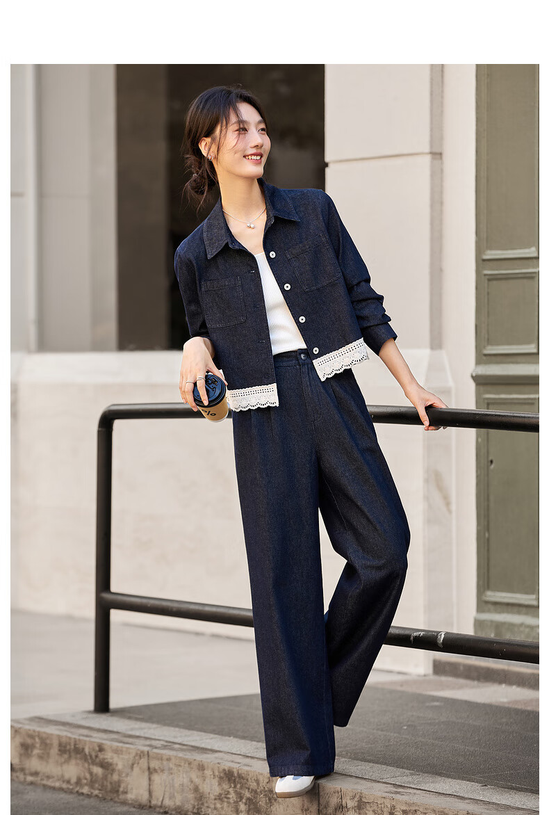 Fanshi Man Lace Trim Denim Set Women Autumn New Lapel Jacket and Pants Two-Piece Set Denim Blue XL 16