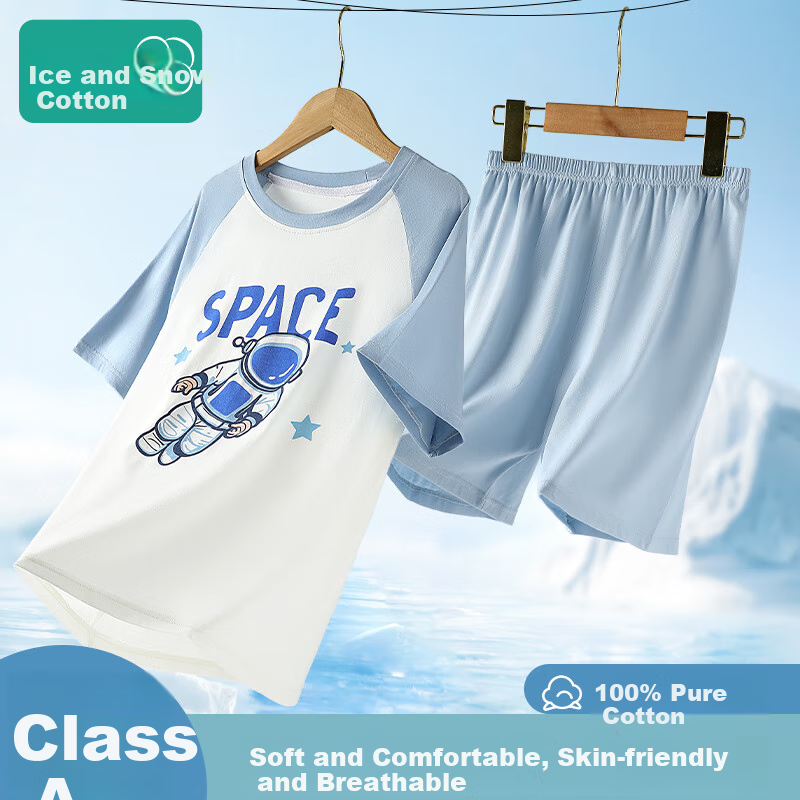 Bingxuemumian Children's Summer Pure Cotton Short-Sleeve Shorts Set, Class A Home Wear, for Teenagers And Older Children, Two-Piece Set