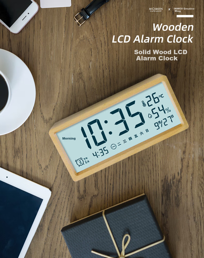 Momen Alarm Clock, Student Creative Simple Luminous Clock, Minimalist Timepiece, Bedside Multifunctional Lazy Clock, Peach Wood Color, TM03 Gift 7