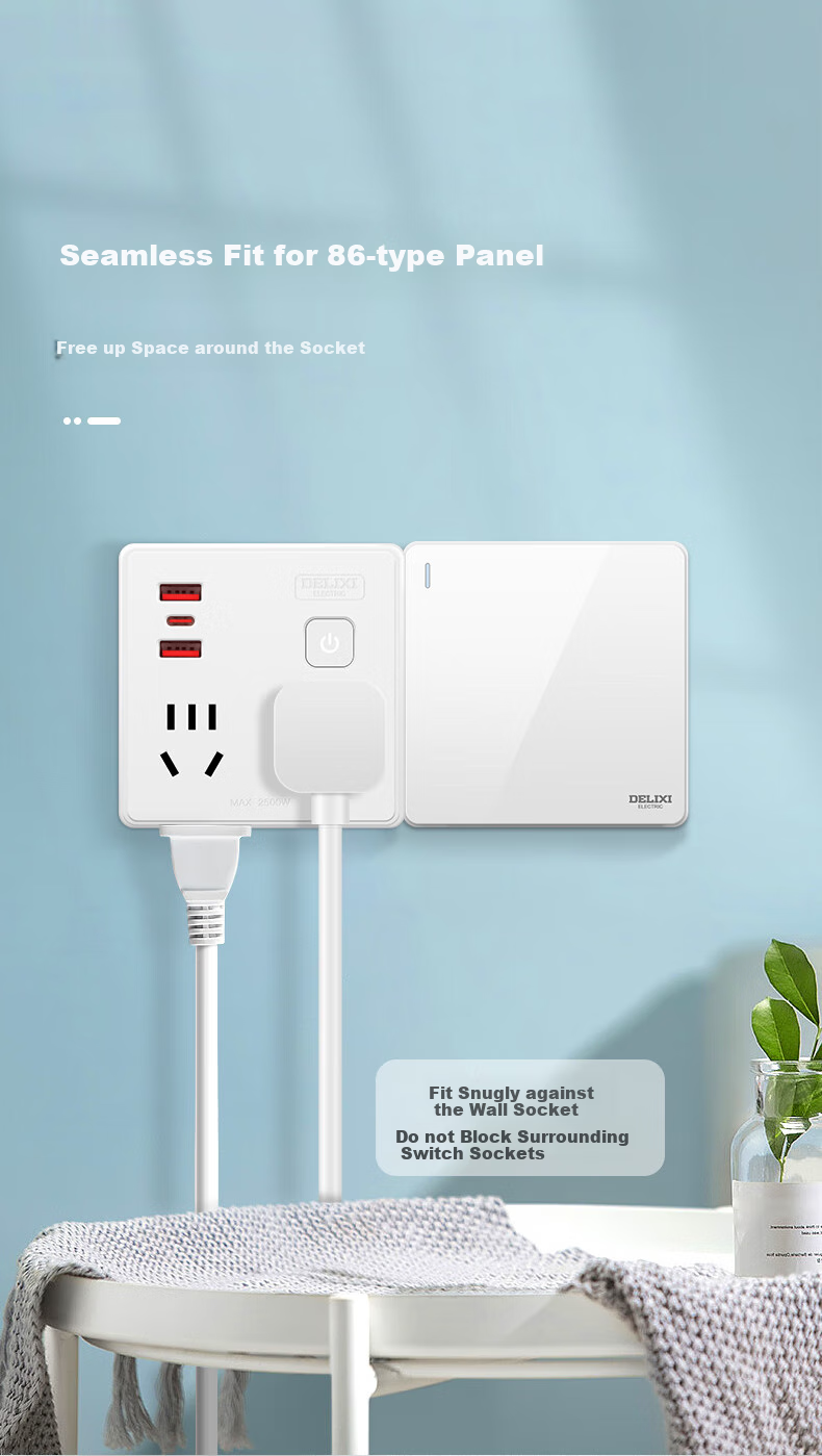 DELIXI 20W PD Fast Charging 86-Type Socket Adapter/Converter Plug/USB+Type-C Socket Extension/One-To Power Strip/Wireless Master Switch 3