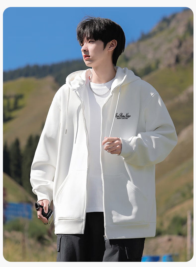 Guirenniao Heavyweight Cardigan Hoodie Men Spring Autumn Youth Casual Hooded Jacket Light Gray [Regular] XL 3