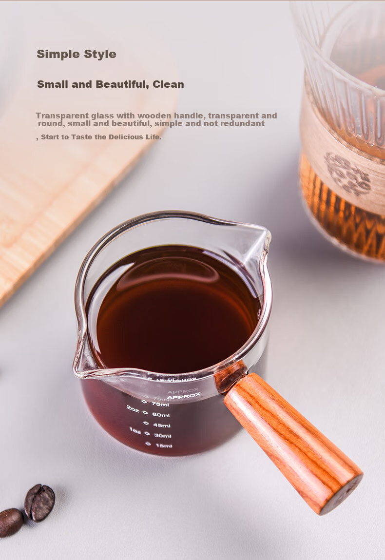 CLITON Japanese Style Wooden Handle Glass Milk Jug Heat-Resistant Measuring Cup Latte Art Cup with Scale Single Spout Milk Pitcher 75ml 2