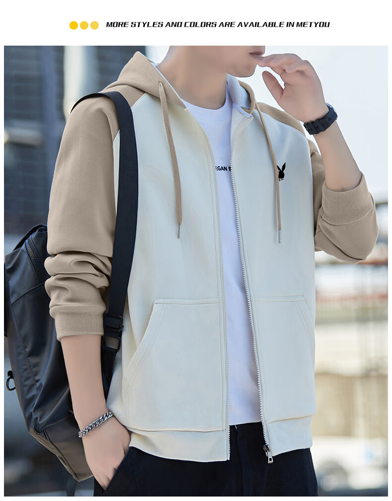 PLAYBOY Men's Spring Autumn Sports Windproof Casual Breathable Hooded Warm Jacket Khaki L 12