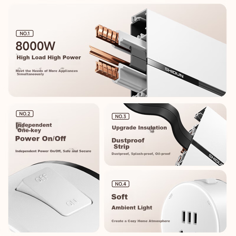 Shidun Surface-Mounted Track Socket, Movable Sideboard Power Slide Rail Track Switch Socket, Ambient Light Model, 80cm + 4 Five-Hole Sockets, Cream White