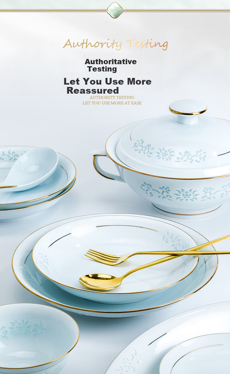 Guanpo New Gold-Rimmed Jingdezhen Underglaze Celadon Porcelain Delicate Bowl And Plate Set, Bone China Tableware Set for Home Use, Gift-Giving 17