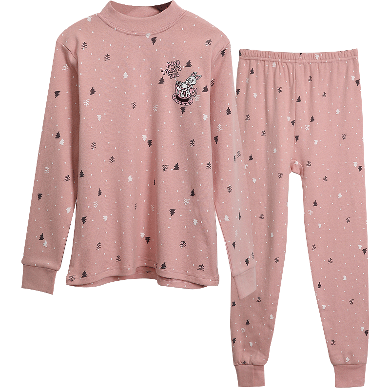 Hodohome Children's Autumn Underwear Set, Girls' Pure Cotton All-Over Print Semi-Turtleneck Thermal Underwear, Big Kids' Pajamas, 112 Pink, Size 165