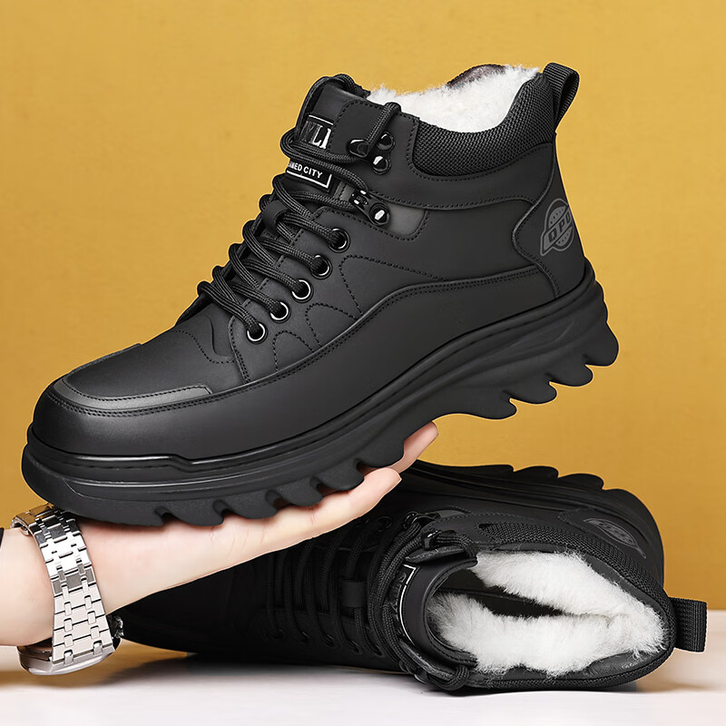 Hengyuanxiang Men's First Layer Cowhide Lace-up Martin Boots Autumn Winter Fleece-lined Cotton Shoes J6723 Black 39