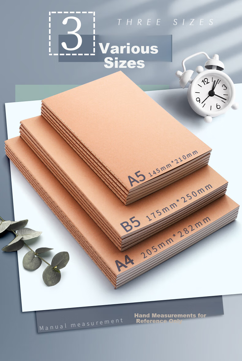 Jinzhi A4 Notebook, Homework Book, 5 Packs, A4 Size, 200 Sheets, Kraft Paper Notebook, Lined Notebook, Stitched Notebook, Sewn Journal, Soft Cover Student Record Book 5