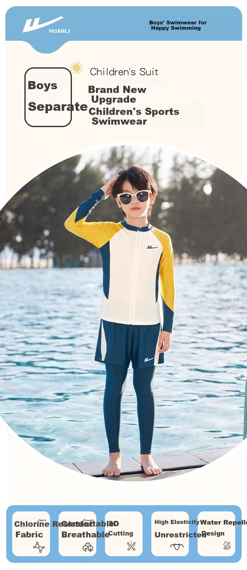 Huili Children's Swimwear, Boys' Two-Piece Long-Sleeve Swimsuit, Swimming Trunks for Older Boys, Four-Piece Set, 34126 Yellow, 5XL 1