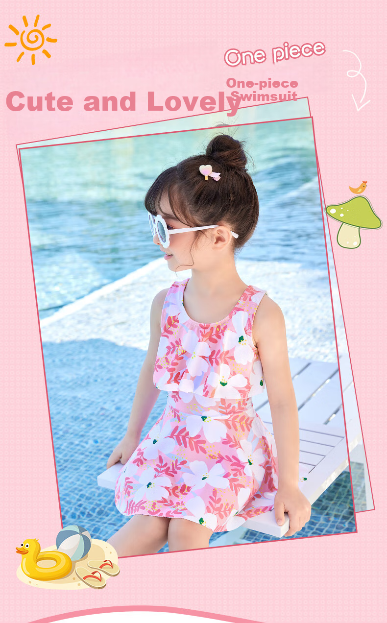 Youyou Children's Swimsuit, Girls' One-Piece Dress Swimwear, for Young And Middle-Aged Children, Hot Spring Swimwear, Five-Piece Set, 32630 Pink And White, Size L 1