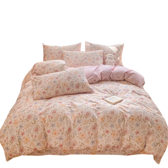 Hongdou 100% Cotton 4-Piece Bedding Set 1.8/2m Double Bed Cotton Duvet Cover Pure Cotton Bed Sheet 2.2x2.4m Floral Pattern