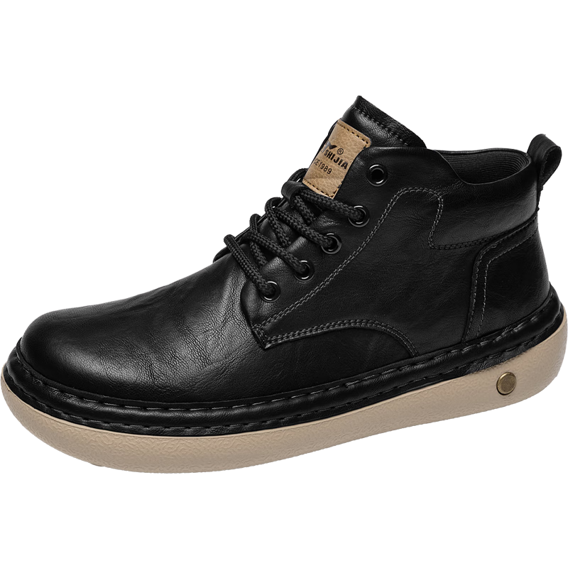 G.N.Shi Jia Men's Martin Boots Autumn Winter New Fashion Retro Work Shoes Casual Mid-top Lace-up Leather Shoes for Men