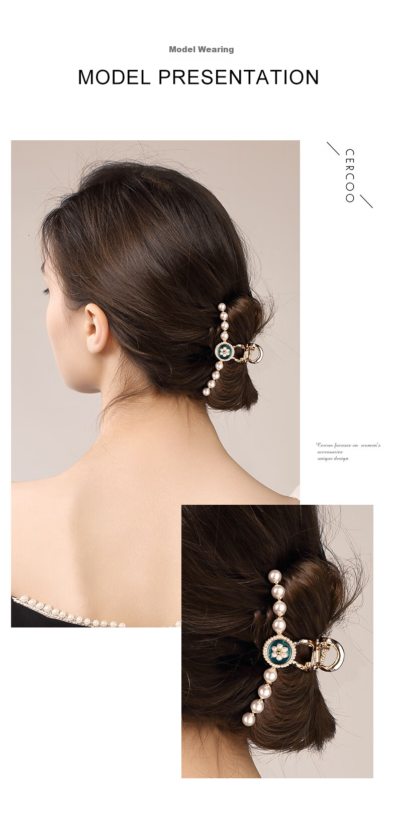 Cercoo March Tea Pearl Hair Claw Clip for Women, Back of Head Bun Maker, Versatile Shark Clip with High-End Feel, Gift for Girlfriend 4