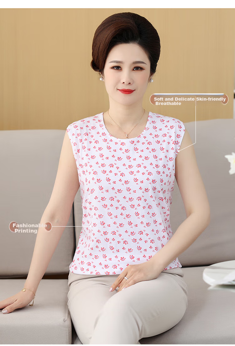 Hengyuanxiang [Pure Cotton] Middle-Aged And Elderly Women's Vest, Can Be Worn As Outerwear Or Undershirt, Loose Casual Vest for Seniors, Red Floral Patter 5