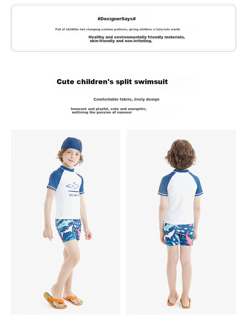 PEAK Children's Swimwear, Boys' Short-Sleeve Two-Piece Swimsuit with Trunks, Hot Spring Swimming Suit Set Including Swim Cap And Goggles, Size 110 3