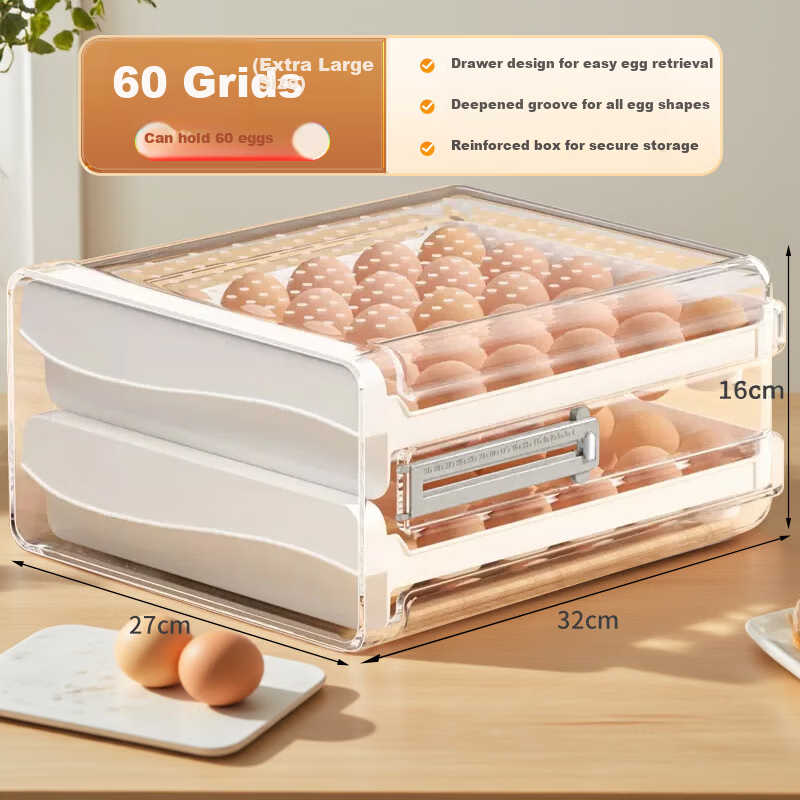 Jiabangshou Egg Storage Container, Refrigerator Organizer Box, Kitchen Utensils, Transparent Egg Storage Box with Compartments, 60 Grids, Food-Grade
