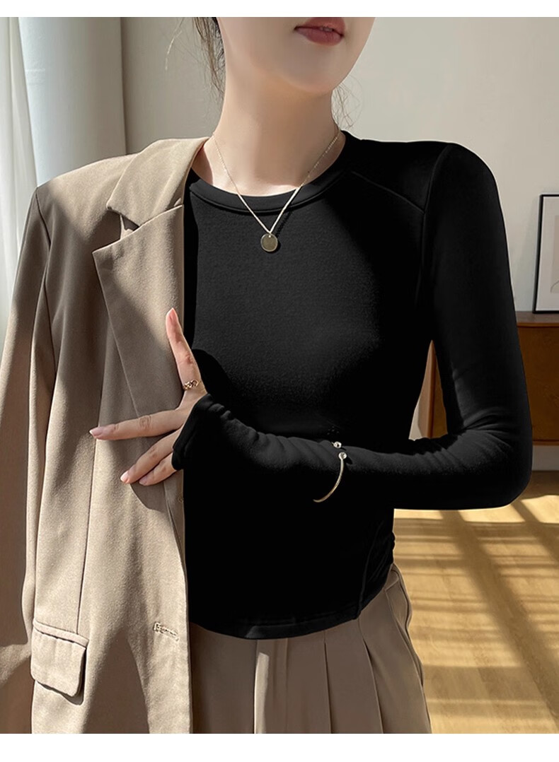 La Chapelle Crew Neck Fleece Thickened Curved Hem Herringbone Inner Layer Autumn Winter Slim Fit Long Sleeve T-Shirt Women Off-White M 14