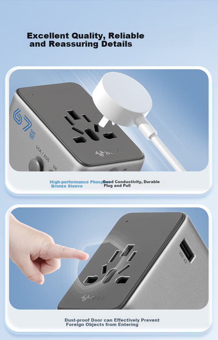 BULL 67W Fast Charging USB Multi-Region Socket Adapter/Power Plug for International Travel, Business Trips, And Studying Abroad, High Power Protection Plug, European Standard, US Standard, Australian Standard, UK Standard GN-L10U67 6