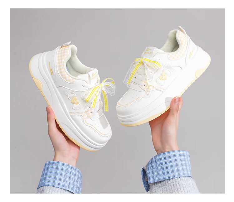 Warrior Women's White Shoes Spring and Autumn New Casual Versatile Creative Bowknot Sports Thick Sole Sneakers Beige Deep Blue 37 14