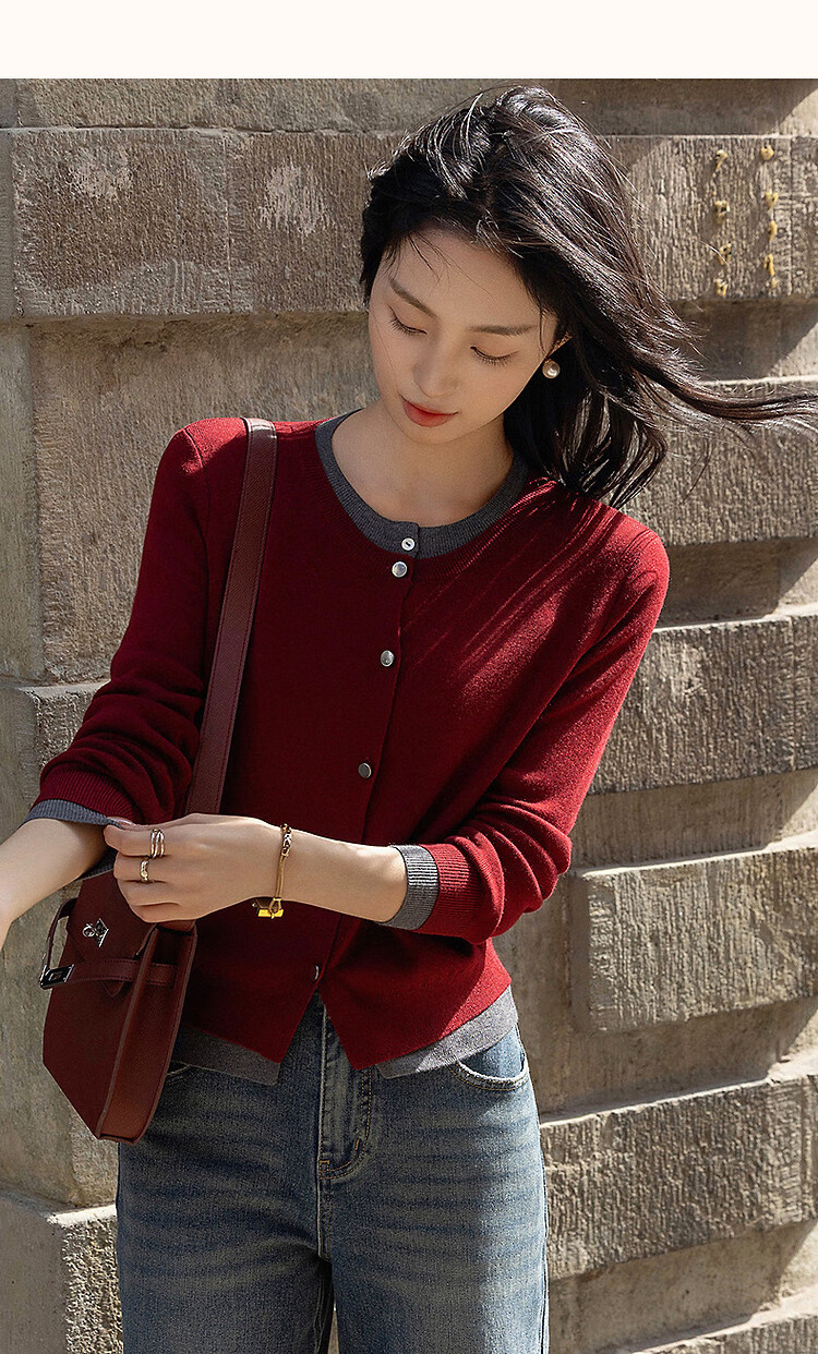Dme [Quiet Luxury Inspired Wardrobe] Spring and Autumn Design Fake Two-Piece Color-Block Knit Sweater with Decorative Buckle for Women 38